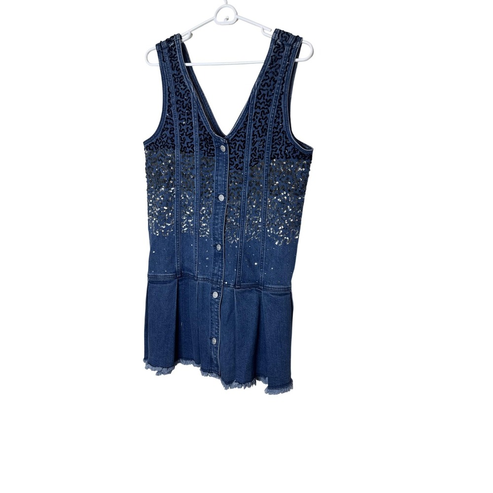 Pilcro Dress Womens Small Blue Sequin Denim Button Front Tank Mini Frayed Hem